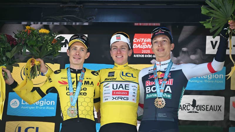 Jonas Vingegaard Tadej Pogacar et Florian Lipowitz sur le podium du Criterium du Dauphine le 15 juin 2025 2097939