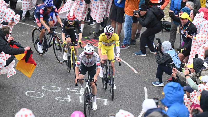 Adam Yates Tadej Pogacar Jonas Vingegaard et Oscar Onley dans la col de la Loze sur le Tour de France le 24 07 2025 2115663