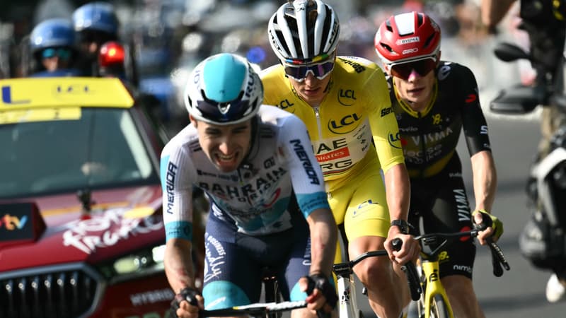Lenny Martinez Tadej Pogacar et Jonas Vingegaard sur la 10e etape du Tour de France le 14 juillet 2025 2114253