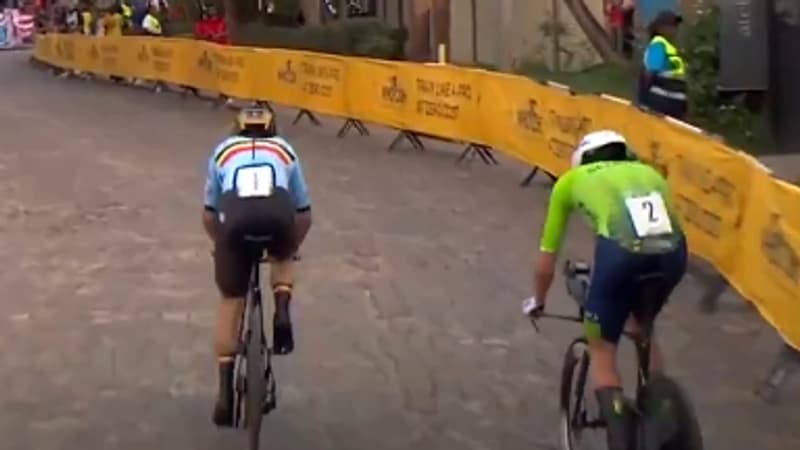 Remco Evenepoel depasse Tadej Pogacar lors du contre la montre des Mondiaux de cyclisme a Kigali Rwanda le 21 septembre 2025 2141547